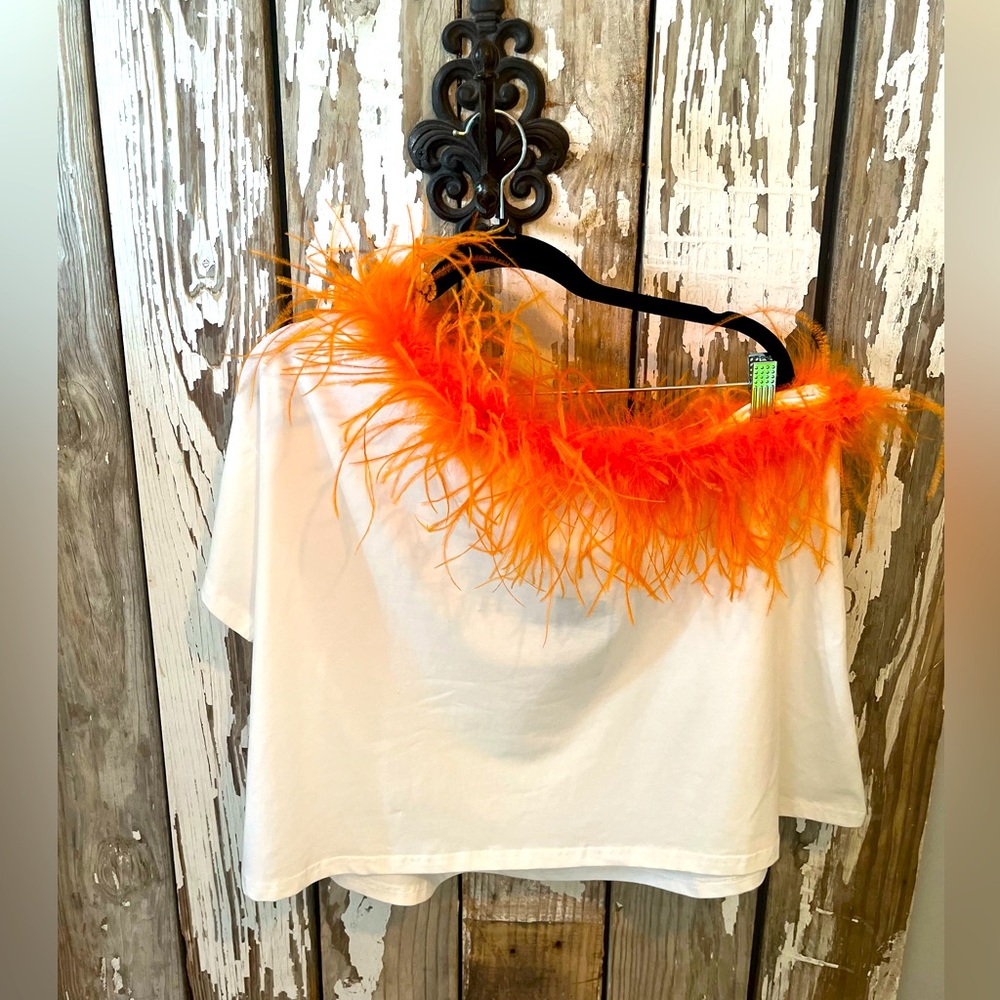 QUEEN OF SPARKLES White Top with Orange Feather Trim